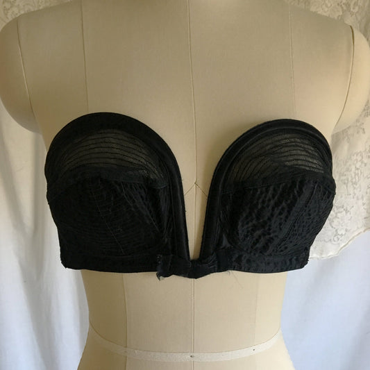 Vintage 1950's Overwire Bra | Black Circle Stitch Satin & Mesh with Ribbon Bow | Lovable | Size 36 C, 38 B - Daggers & Dames