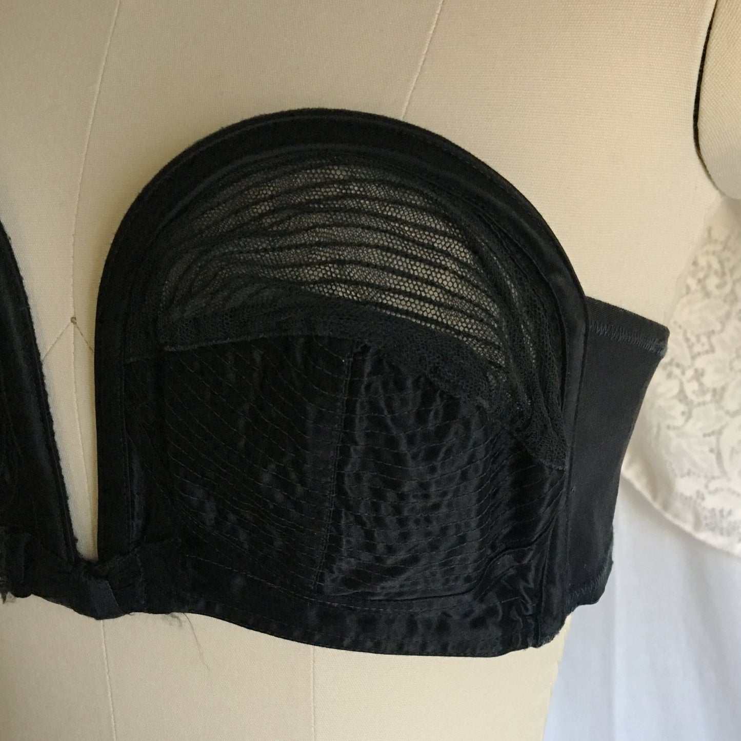Vintage 1950's Overwire Bra | Black Circle Stitch Satin & Mesh with Ribbon Bow | Lovable | Size 36 C, 38 B - Daggers & Dames