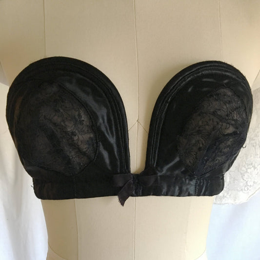 Vintage 1950's Overwire Bra | Black Satin with Chantilly Lace & Ribbon Bow | Wispies | Size 34 B, 32 C - Daggers & Dames