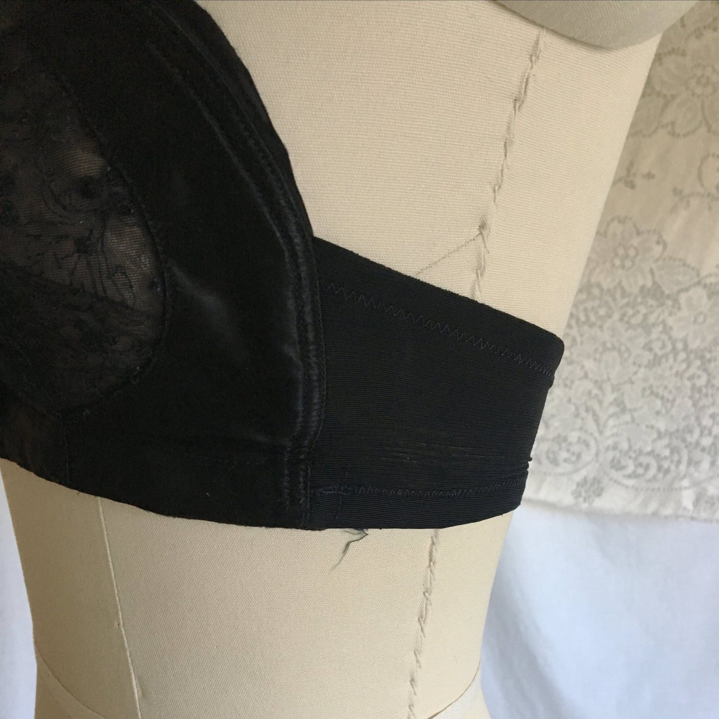 Vintage 1950's Overwire Bra | Black Satin with Chantilly Lace & Ribbon Bow | Wispies | Size 34 B, 32 C - Daggers & Dames