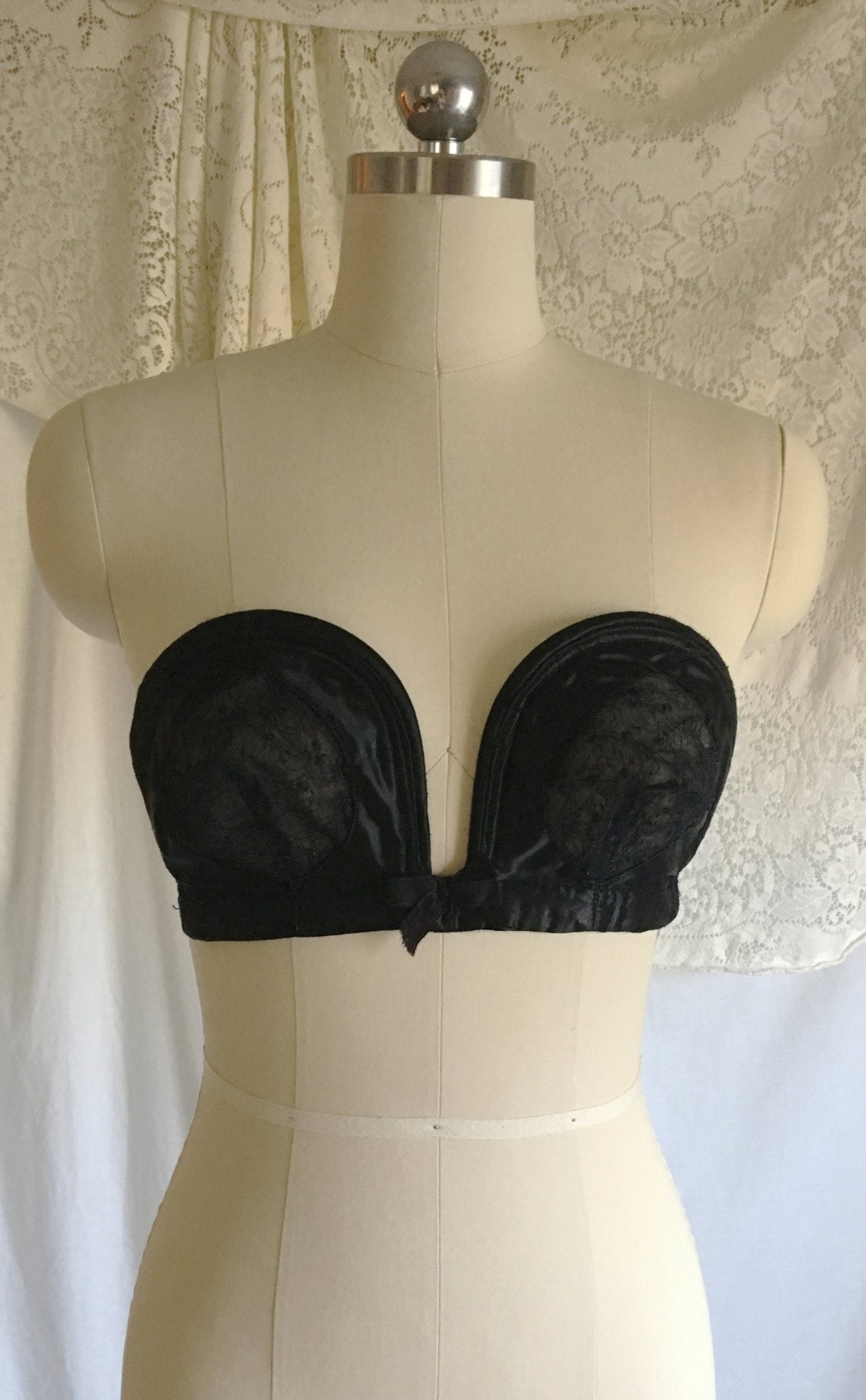 Vintage 1950's Overwire Bra | Black Satin with Chantilly Lace & Ribbon Bow | Wispies | Size 34 B, 32 C - Daggers & Dames
