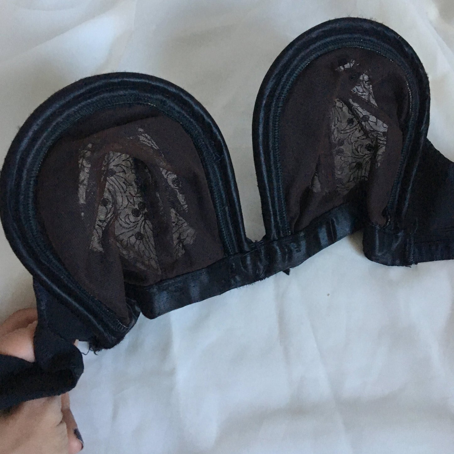 Vintage 1950's Overwire Bra | Black Satin with Chantilly Lace & Ribbon Bow | Wispies | Size 34 B, 32 C - Daggers & Dames