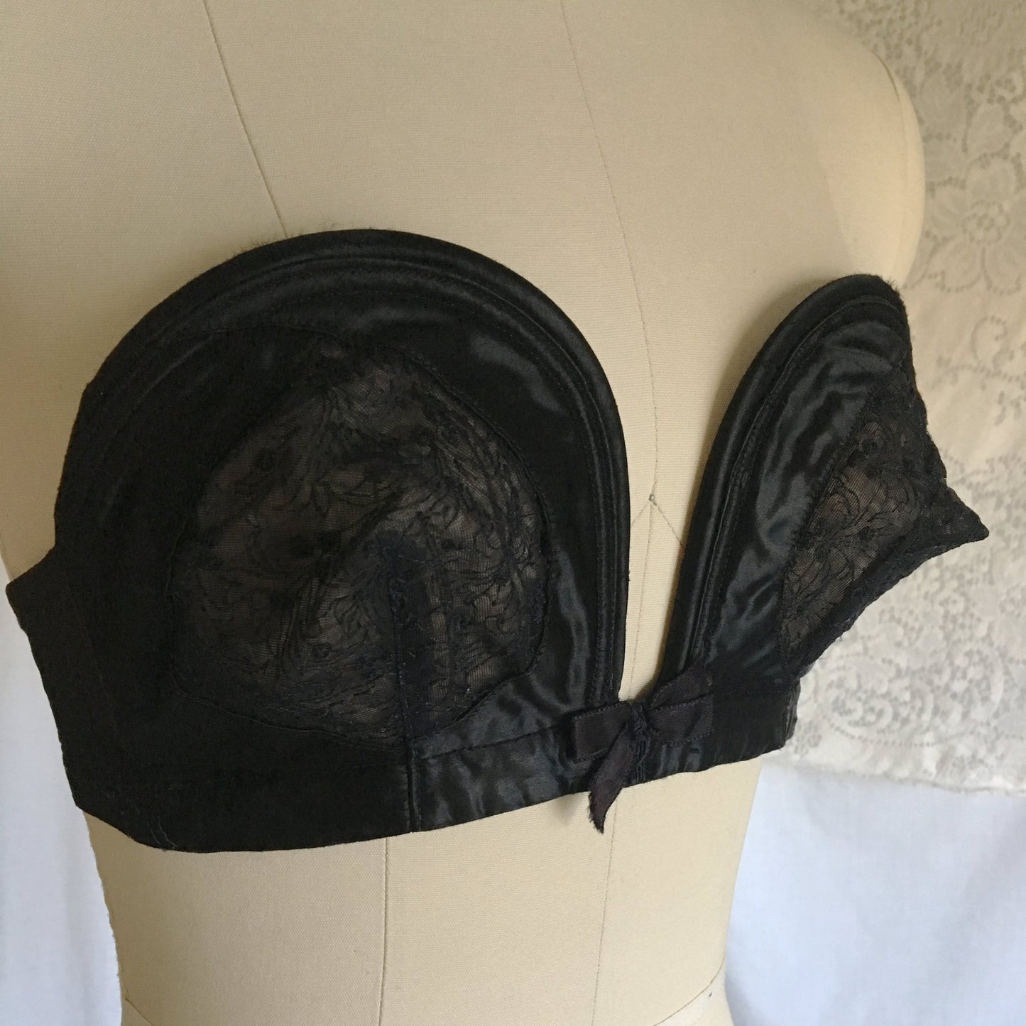 Vintage 1950's Overwire Bra | Black Satin with Chantilly Lace & Ribbon Bow | Wispies | Size 34 B, 32 C - Daggers & Dames