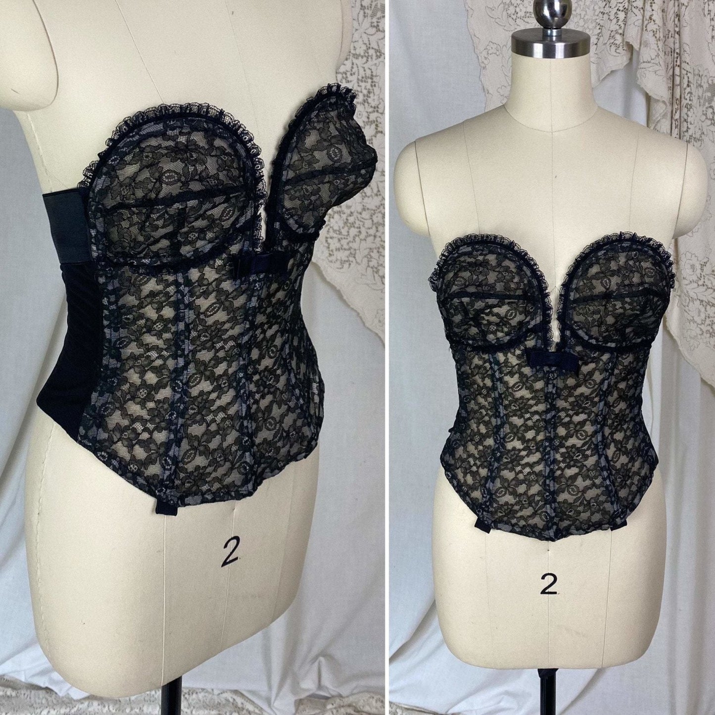 Vintage 1950's Overwire Bustier | Sheer Black Floral Lace Illusion over Pale Nude | Size 34 B, C | Flexee's - Daggers & Dames