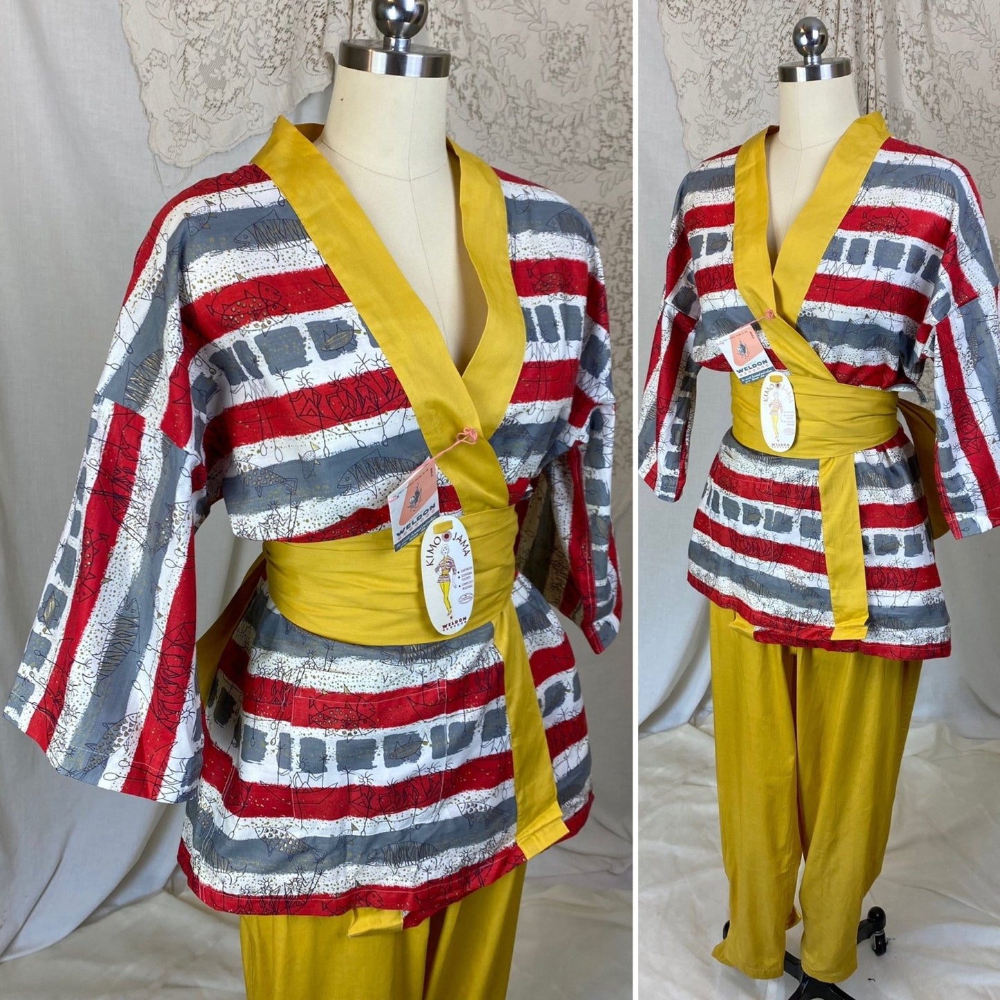 Vintage 1950's Pajama Lounge Set | Tiki Inspired Print Cotton | Weldon Kimo-Jama New with Tags - Daggers & Dames