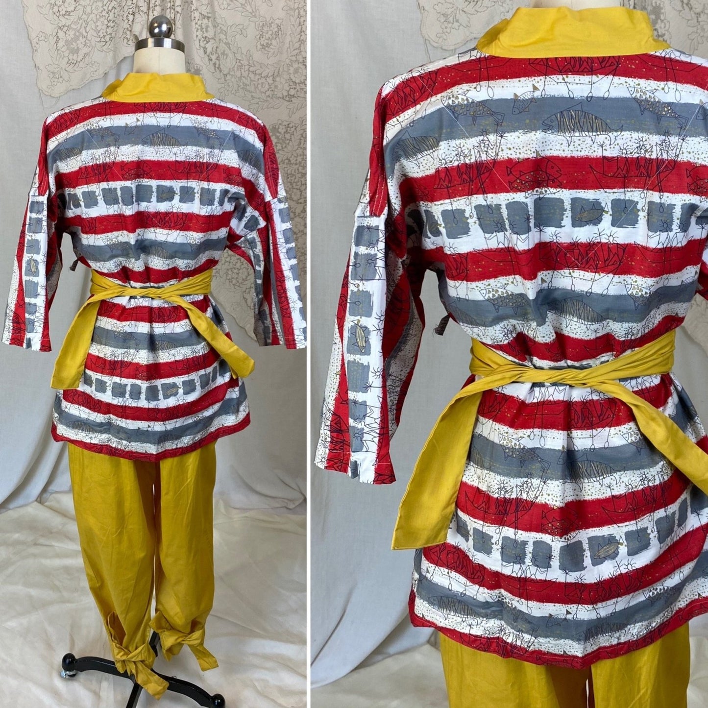 Vintage 1950's Pajama Lounge Set | Tiki Inspired Print Cotton | Weldon Kimo-Jama New with Tags - Daggers & Dames