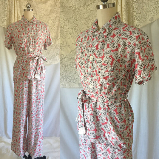 Vintage 1950's Pajama Set | Coral Pink, Black & White Pattern with Fringe Sash Tie | Lady Berkleigh | Size S, MED - Daggers & Dames
