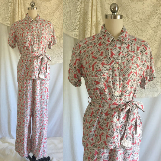 Vintage 1950's Pajama Set | Coral Pink, Black & White Pattern with Fringe Sash Tie | Lady Berkleigh | Size S, MED - Daggers & Dames