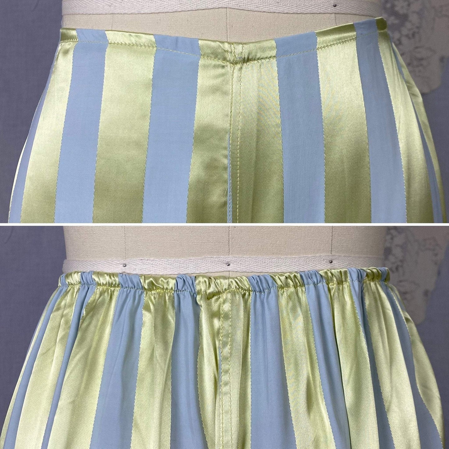Vintage 1950's Pajama Set | Dusty Blue & Celadon Green Rayon Satin Striped Damask | Size M/LG | Fruit of the Loom -Never Worn - Daggers & Dames
