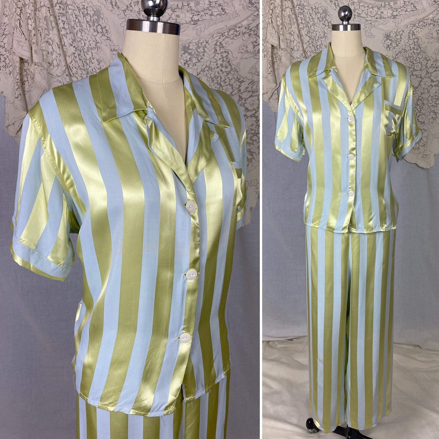 Vintage 1950's Pajama Set | Dusty Blue & Celadon Green Rayon Satin Striped Damask | Size M/LG | Fruit of the Loom -Never Worn - Daggers & Dames