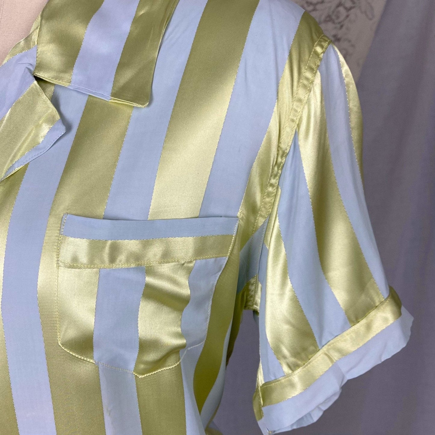 Vintage 1950's Pajama Set | Dusty Blue & Celadon Green Rayon Satin Striped Damask | Size M/LG | Fruit of the Loom -Never Worn - Daggers & Dames