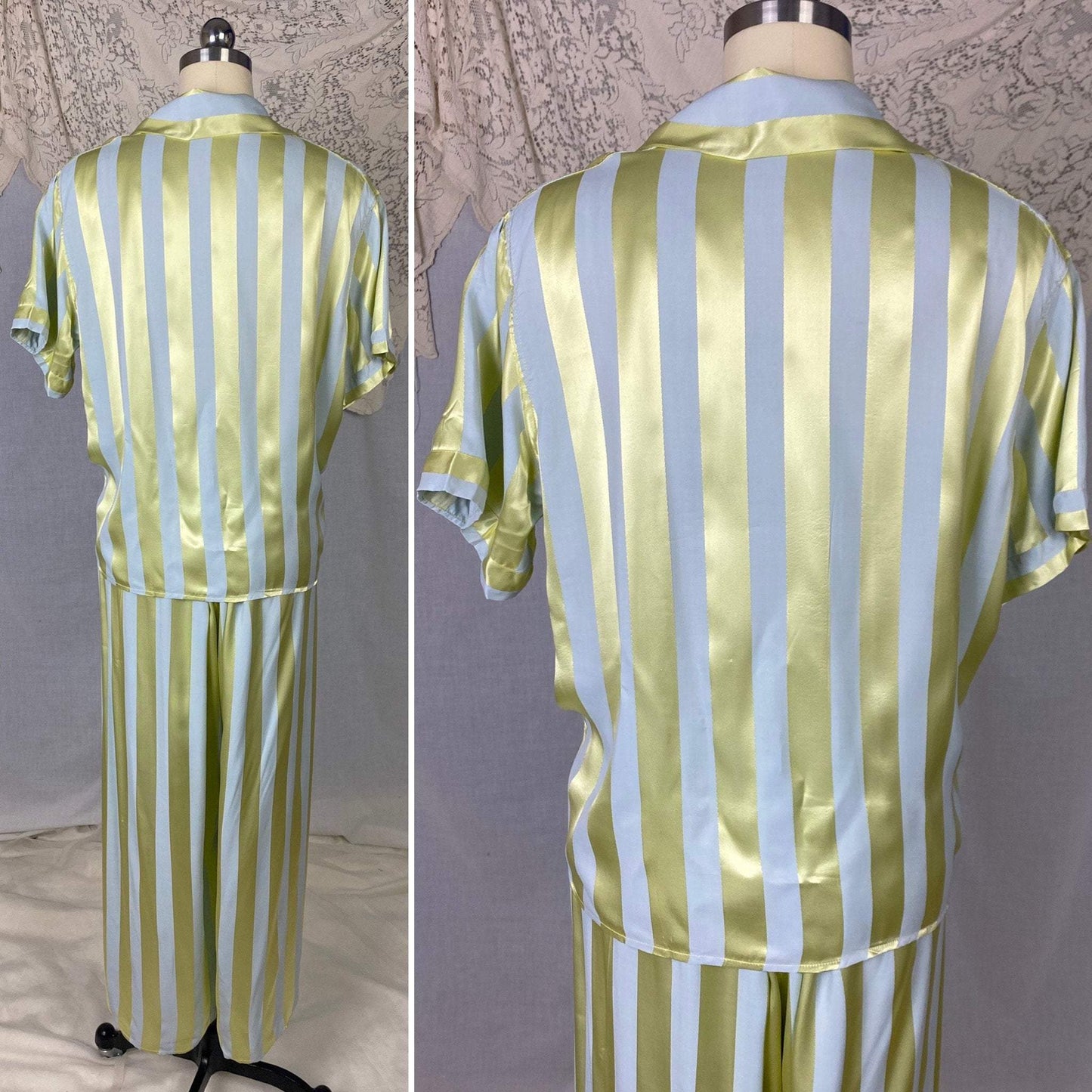 Vintage 1950's Pajama Set | Dusty Blue & Celadon Green Rayon Satin Striped Damask | Size M/LG | Fruit of the Loom -Never Worn - Daggers & Dames
