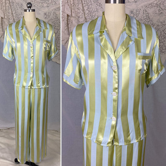 Vintage 1950's Pajama Set | Dusty Blue & Celadon Green Rayon Satin Striped Damask | Size M/LG | Fruit of the Loom -Never Worn - Daggers & Dames