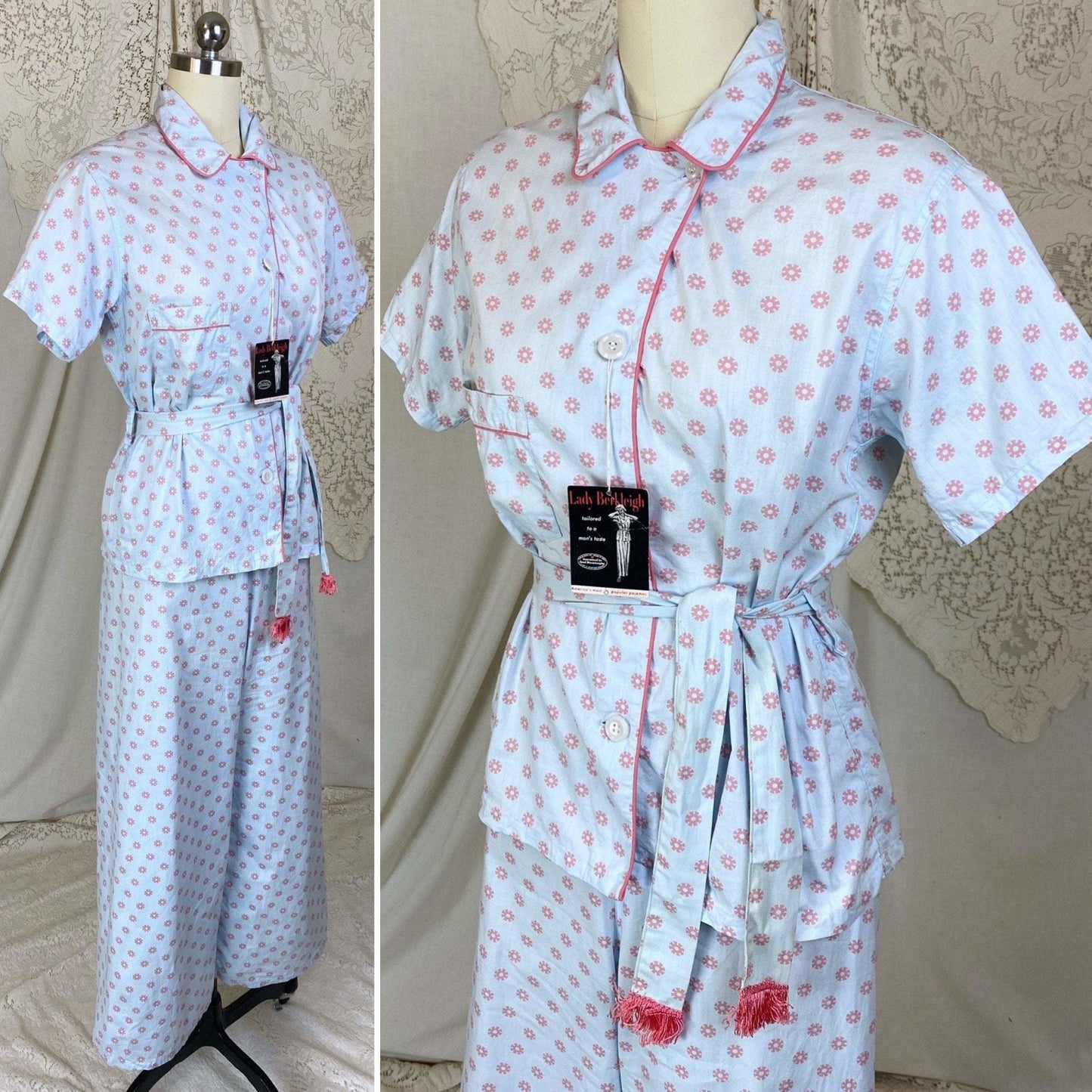 Vintage 1950's Pajama Set | Light Baby Blue Cotton with Pink Geo Design | Size XS, S | Lady Berkleigh -New with Tags - Daggers & Dames