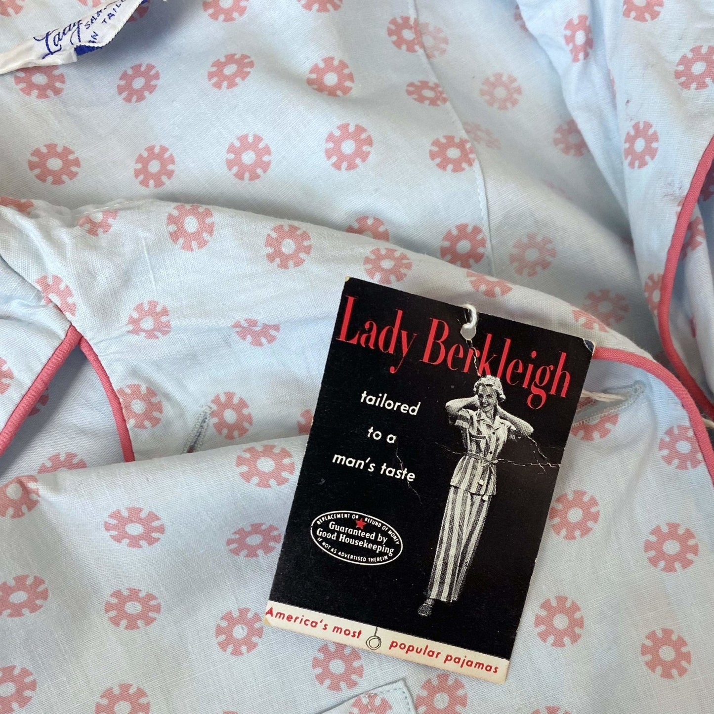 Vintage 1950's Pajama Set | Light Baby Blue Cotton with Pink Geo Design | Size XS, S | Lady Berkleigh -New with Tags - Daggers & Dames