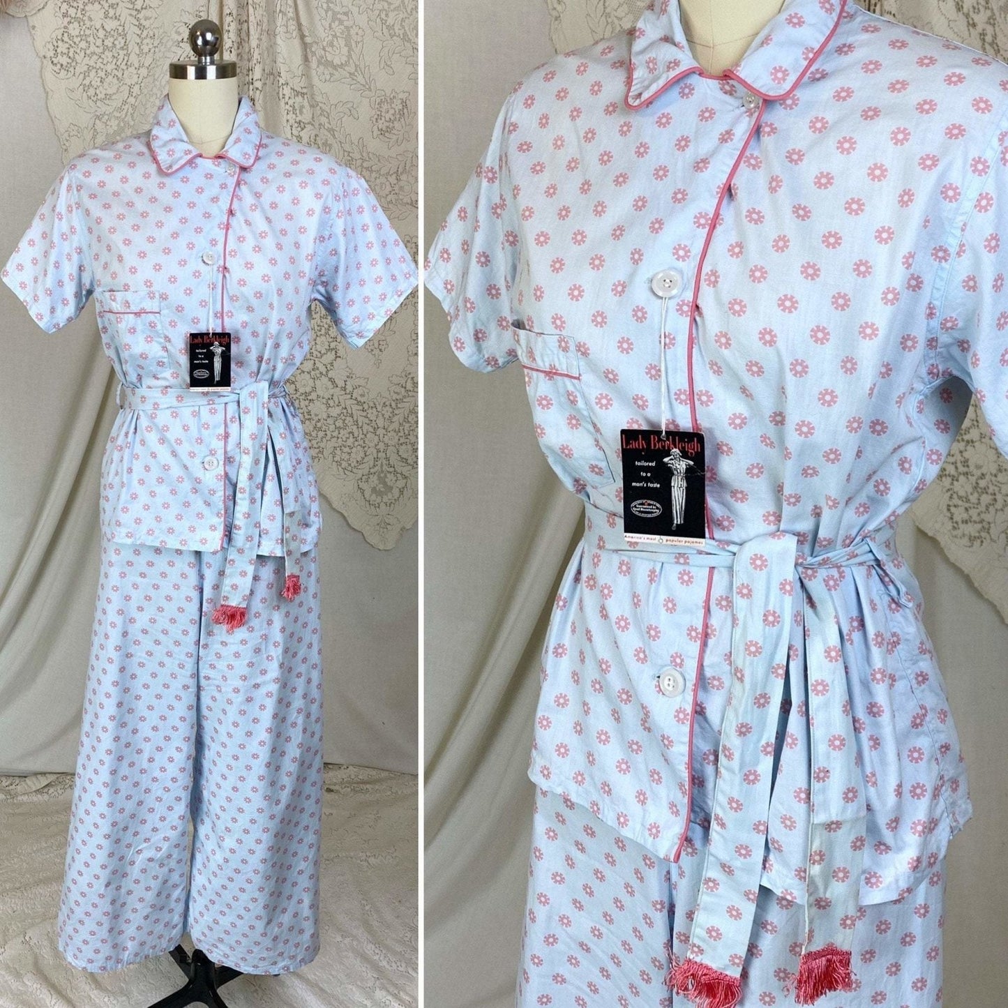 Vintage 1950's Pajama Set | Light Baby Blue Cotton with Pink Geo Design | Size XS, S | Lady Berkleigh -New with Tags - Daggers & Dames