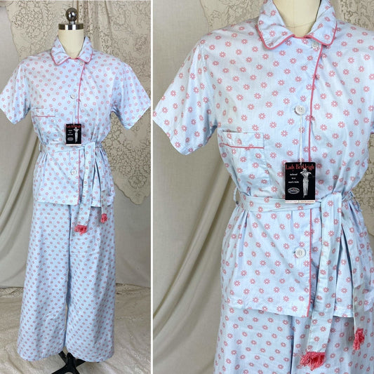 Vintage 1950's Pajama Set | Light Baby Blue Cotton with Pink Geo Design | Size XS, S | Lady Berkleigh -New with Tags - Daggers & Dames
