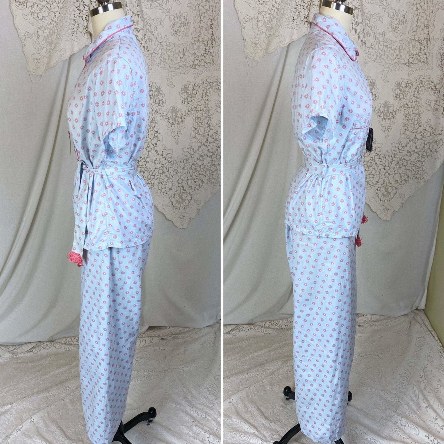 Vintage 1950's Pajama Set | Light Baby Blue Cotton with Pink Geo Design | Size XS, S | Lady Berkleigh -New with Tags - Daggers & Dames