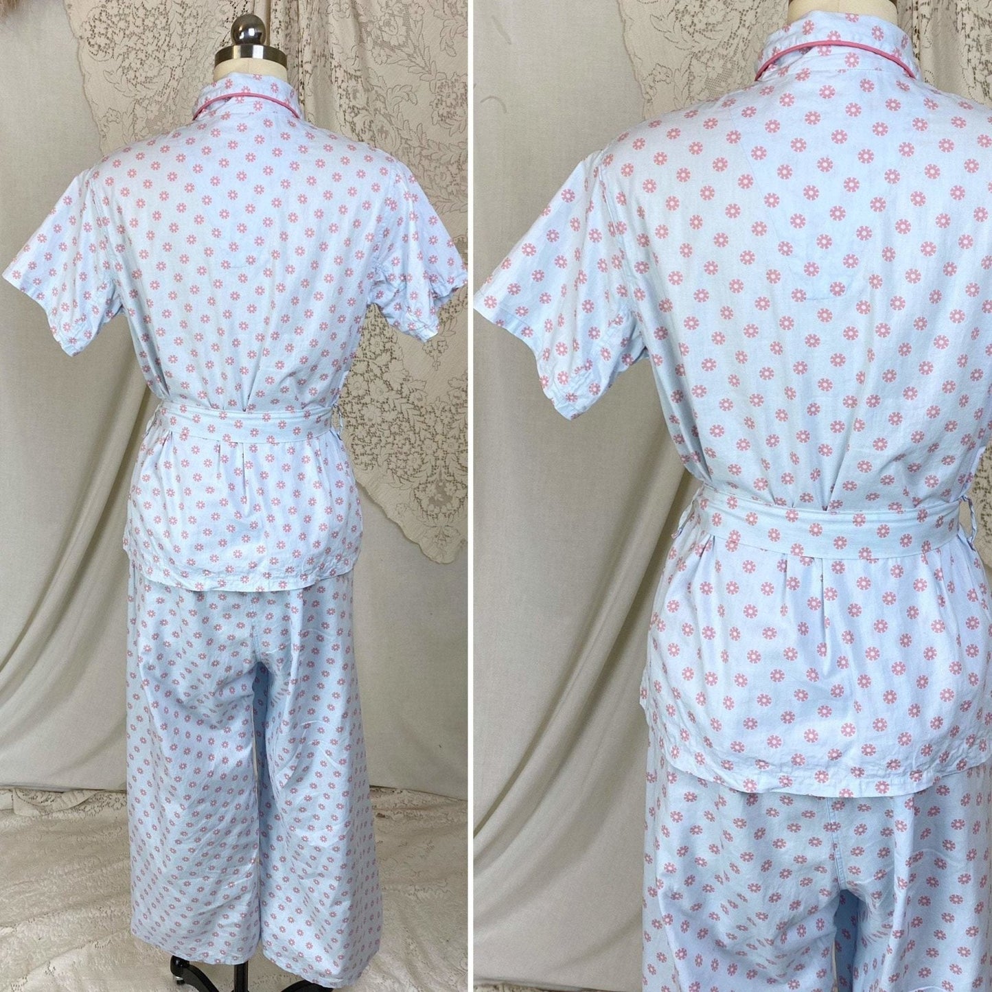 Vintage 1950's Pajama Set | Light Baby Blue Cotton with Pink Geo Design | Size XS, S | Lady Berkleigh -New with Tags - Daggers & Dames