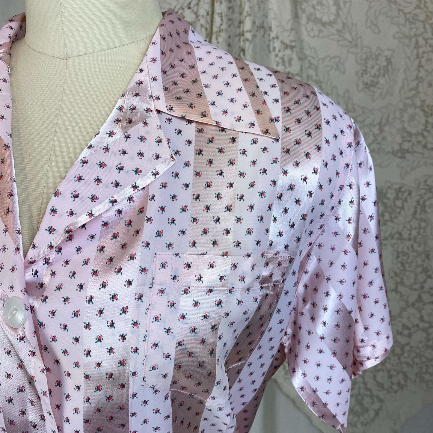 Vintage 1950's Pajama Set | Light Petal Pink Rayon Satin with Damask Stripes & Rosebud Floral Print | Size M | Elaine Skylar -Never Worn - Daggers & Dames