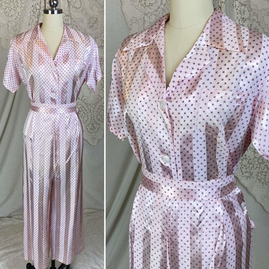 Vintage 1950's Pajama Set | Light Petal Pink Rayon Satin with Damask Stripes & Rosebud Floral Print | Size M | Elaine Skylar -Never Worn - Daggers & Dames