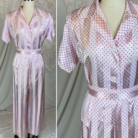Vintage 1950's Pajama Set | Light Petal Pink Rayon Satin with Damask Stripes & Rosebud Floral Print | Size M | Elaine Skylar -Never Worn - Daggers & Dames