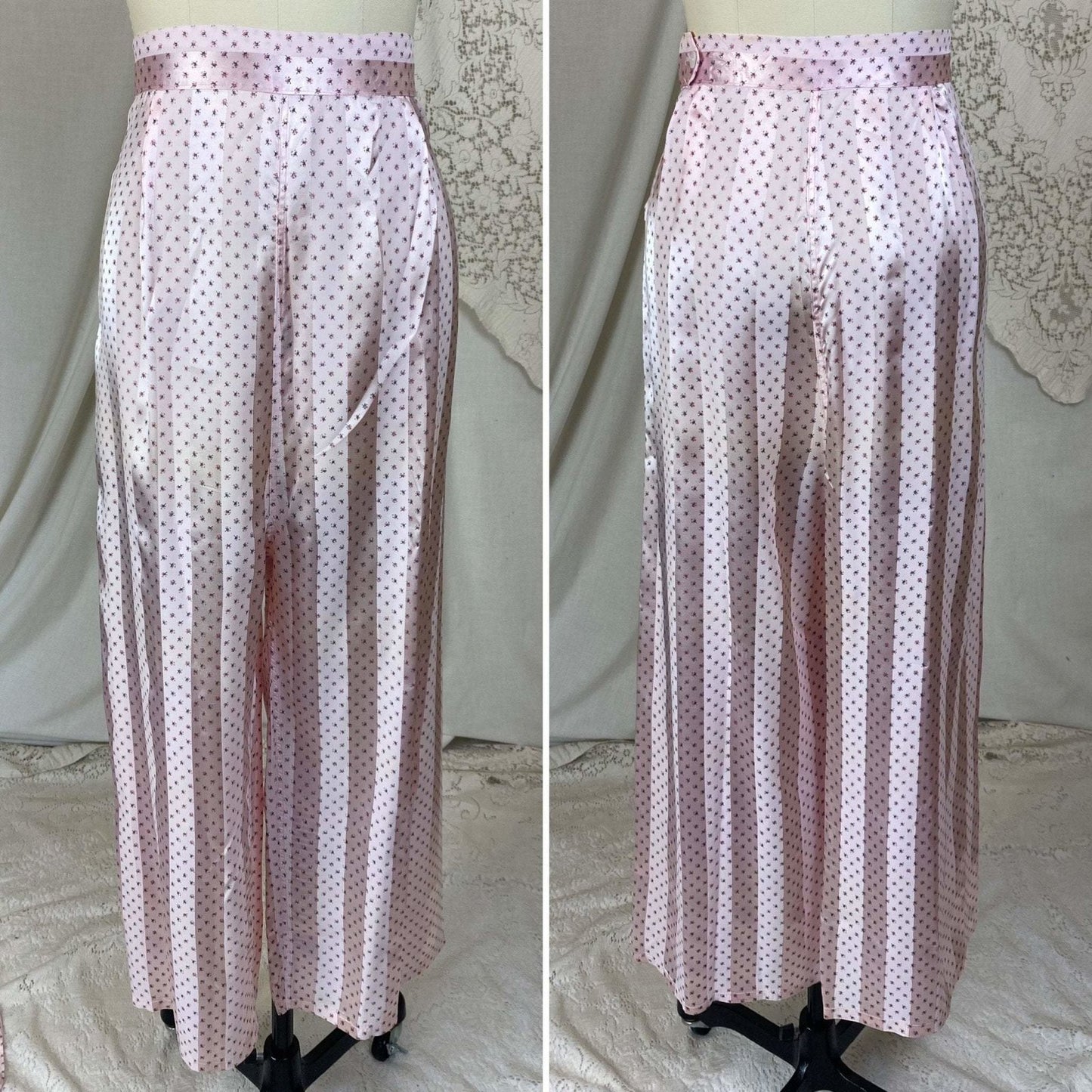 Vintage 1950's Pajama Set | Light Petal Pink Rayon Satin with Damask Stripes & Rosebud Floral Print | Size M | Elaine Skylar -Never Worn - Daggers & Dames
