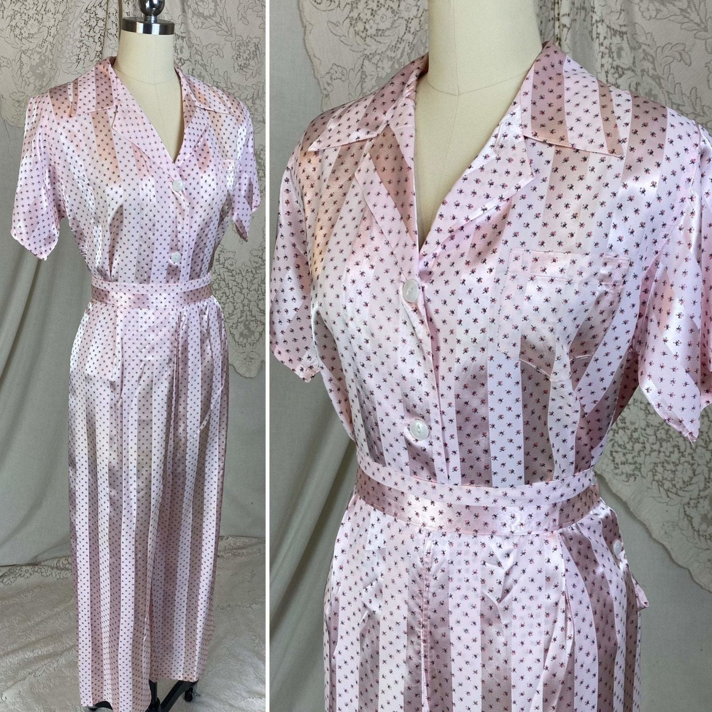 Vintage 1950's Pajama Set | Light Petal Pink Rayon Satin with Damask Stripes & Rosebud Floral Print | Size M | Elaine Skylar -Never Worn - Daggers & Dames