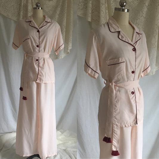 Vintage 1950's Pajama Set | Pale Pink Rayon with Burgundy Trim & Fringe Tie Waist | Ladies Pajamas | Lady Berkleigh | Size SM - M - Daggers & Dames