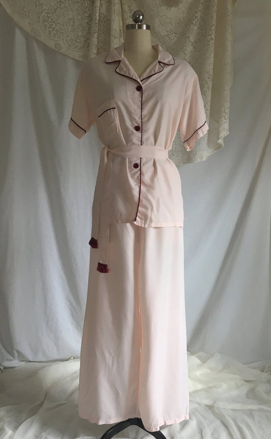 Vintage 1950's Pajama Set | Pale Pink Rayon with Burgundy Trim & Fringe Tie Waist | Ladies Pajamas | Lady Berkleigh | Size SM - M - Daggers & Dames
