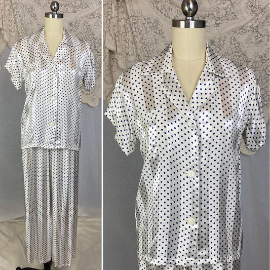 Vintage 1950's Pajama Set | Pearly White Rayon Satin Stripes with Navy Blue Polka Dots | Size XS | Faultless Lady, No Belt -New with Tags - Daggers & Dames