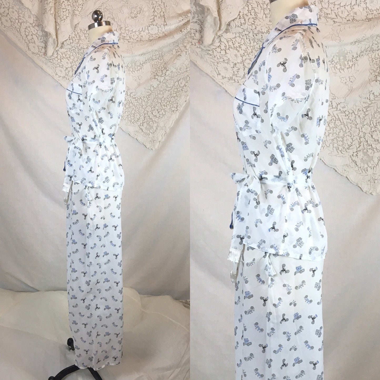 Vintage 1950's Pajama Set | Sheer White Nylon with Blue Car Print & Fringe Sash Tie | Carole | Size SM, MED - Daggers & Dames