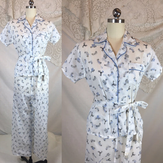 Vintage 1950's Pajama Set | Sheer White Nylon with Blue Car Print & Fringe Sash Tie | Carole | Size SM, MED - Daggers & Dames