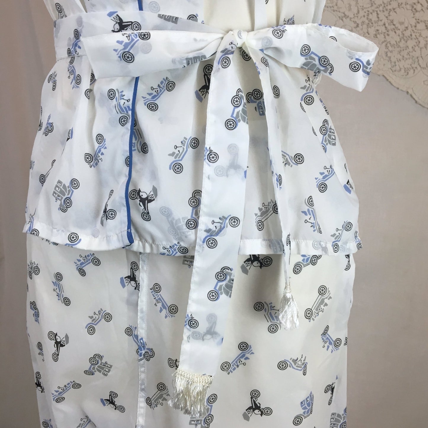 Vintage 1950's Pajama Set | Sheer White Nylon with Blue Car Print & Fringe Sash Tie | Carole | Size SM, MED - Daggers & Dames