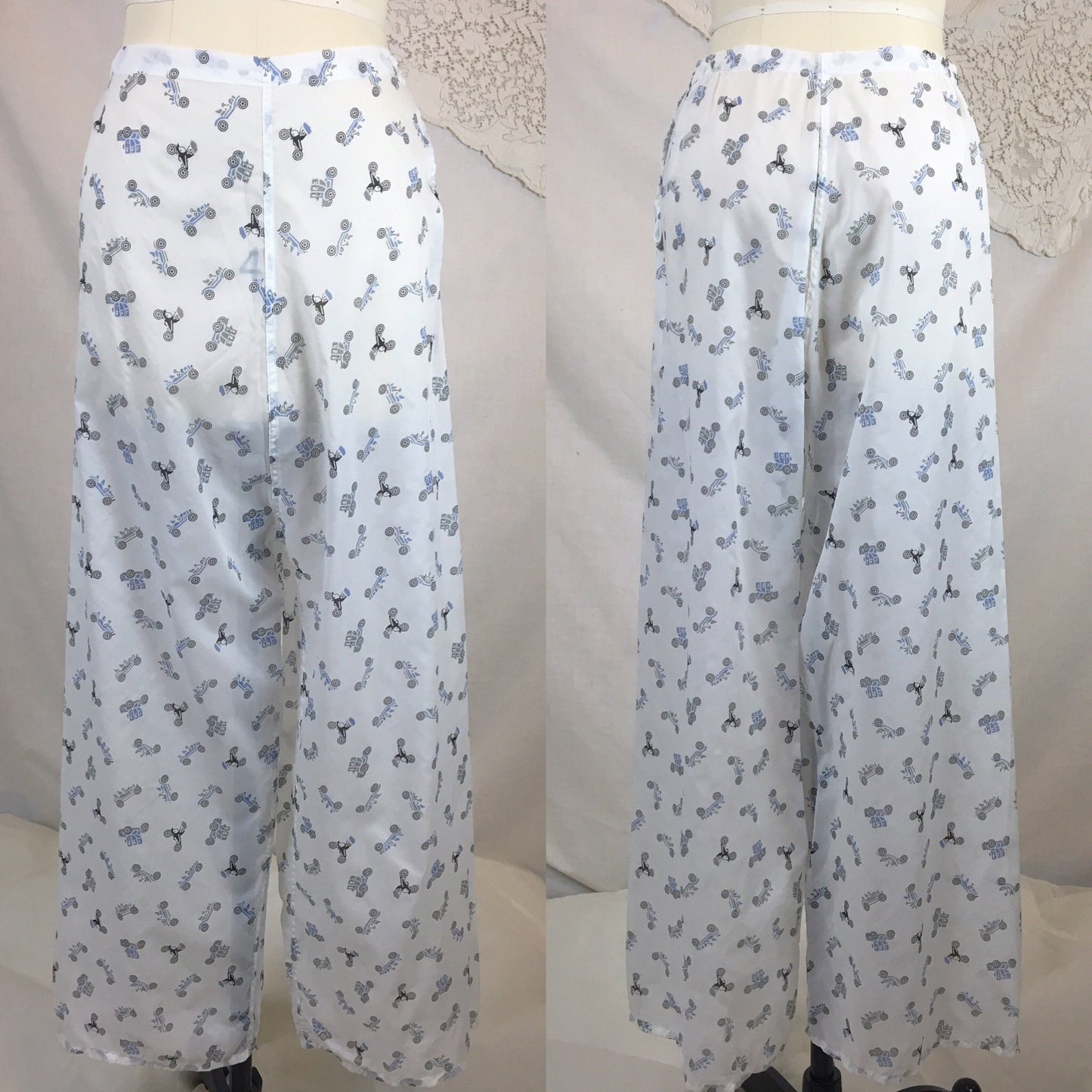 Vintage 1950's Pajama Set | Sheer White Nylon with Blue Car Print & Fringe Sash Tie | Carole | Size SM, MED - Daggers & Dames