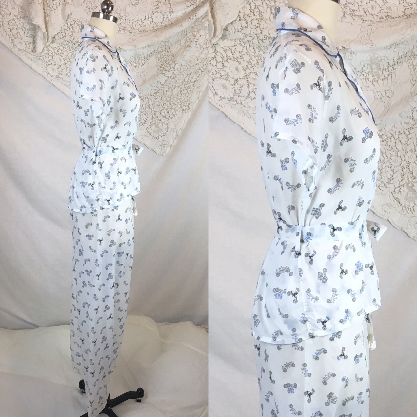 Vintage 1950's Pajama Set | Sheer White Nylon with Blue Car Print & Fringe Sash Tie | Carole | Size SM, MED - Daggers & Dames
