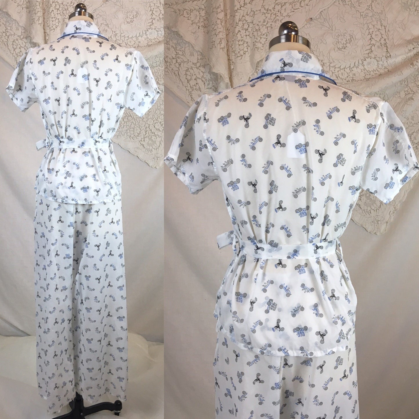 Vintage 1950's Pajama Set | Sheer White Nylon with Blue Car Print & Fringe Sash Tie | Carole | Size SM, MED - Daggers & Dames