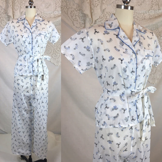 Vintage 1950's Pajama Set | Sheer White Nylon with Blue Car Print & Fringe Sash Tie | Carole | Size SM, MED - Daggers & Dames