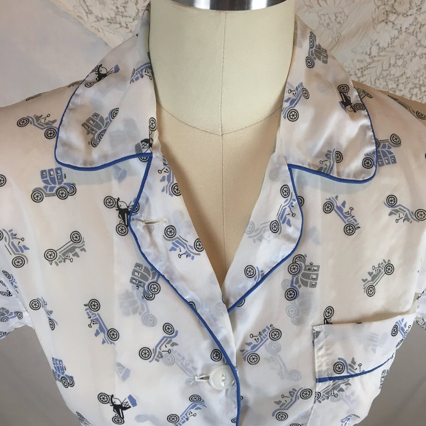 Vintage 1950's Pajama Set | Sheer White Nylon with Blue Car Print & Fringe Sash Tie | Carole | Size SM, MED - Daggers & Dames
