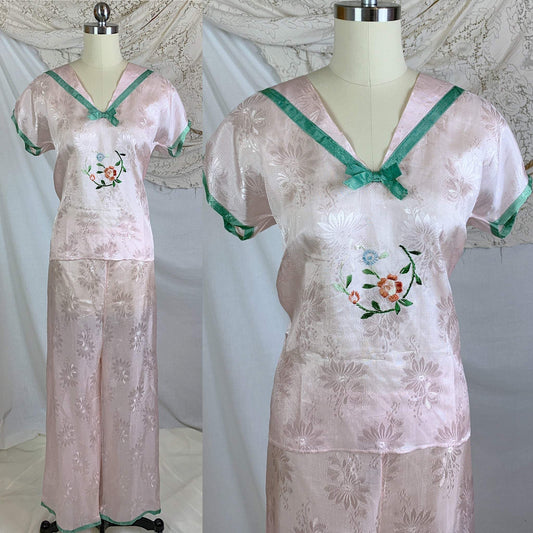 Vintage 1950's Pajama Set | Size XS, SM | Powder Pink Rayon Satin Brocade with Hand Embroidery & Green Trim | Made in Japan - Never Worn - Daggers & Dames