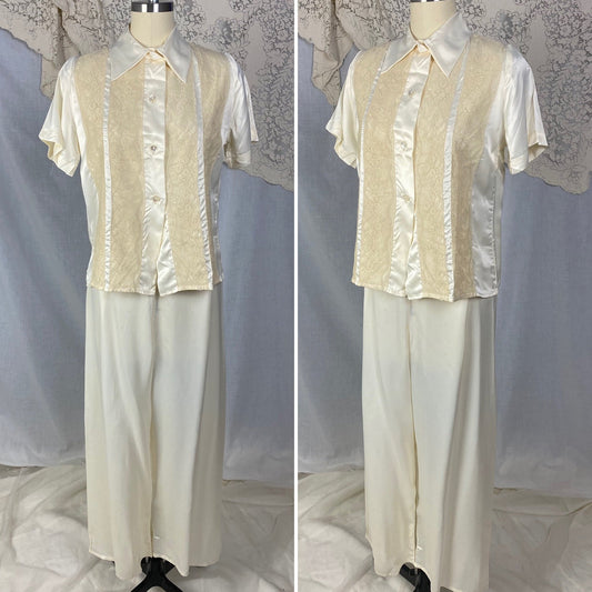 Vintage 1950's Pajama Set | Warm Ivory Rayon Satin with Nude Lace & Shell Buttons | Size S | Mary Jane -Never Worn - Daggers & Dames