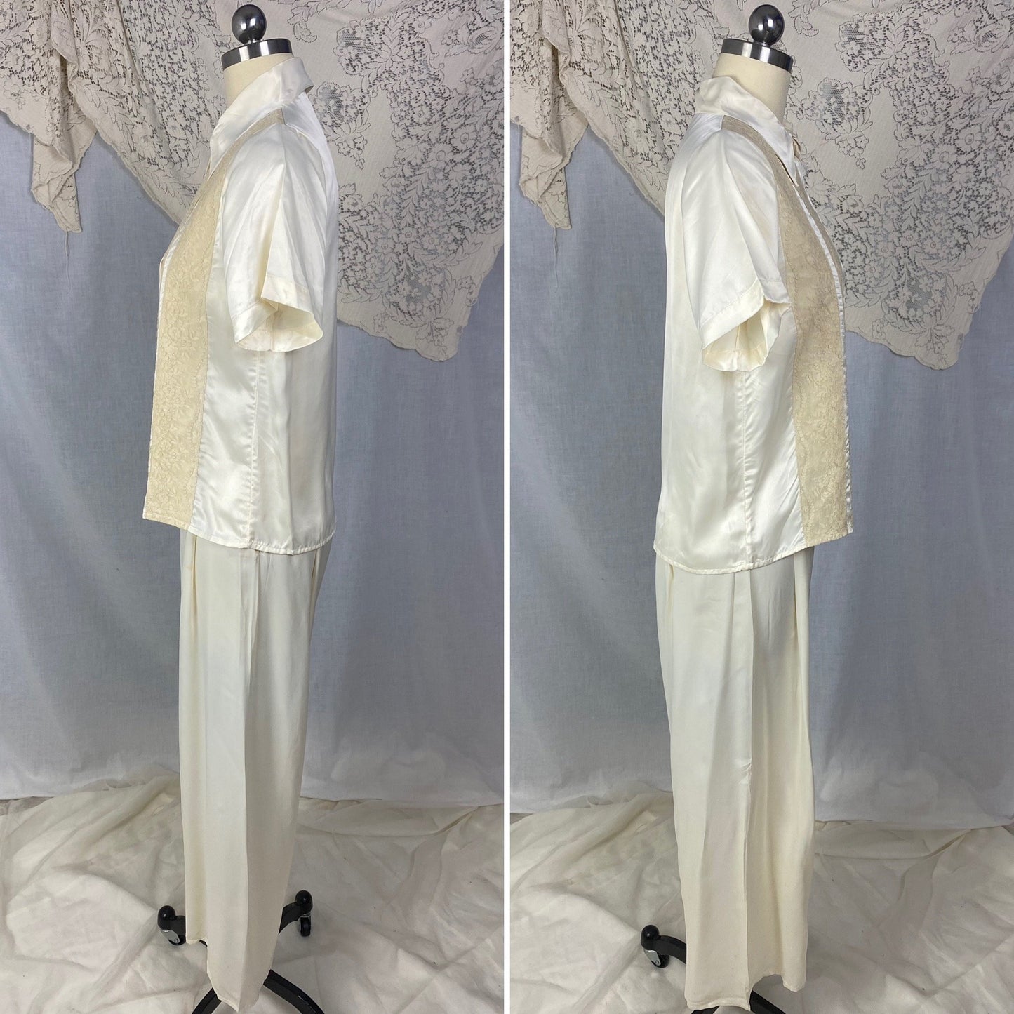 Vintage 1950's Pajama Set | Warm Ivory Rayon Satin with Nude Lace & Shell Buttons | Size S | Mary Jane -Never Worn - Daggers & Dames