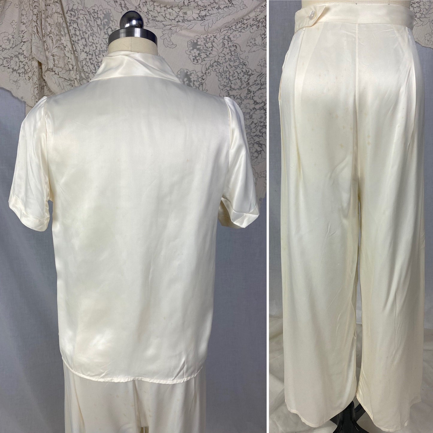 Vintage 1950's Pajama Set | Warm Ivory Rayon Satin with Nude Lace & Shell Buttons | Size S | Mary Jane -Never Worn - Daggers & Dames
