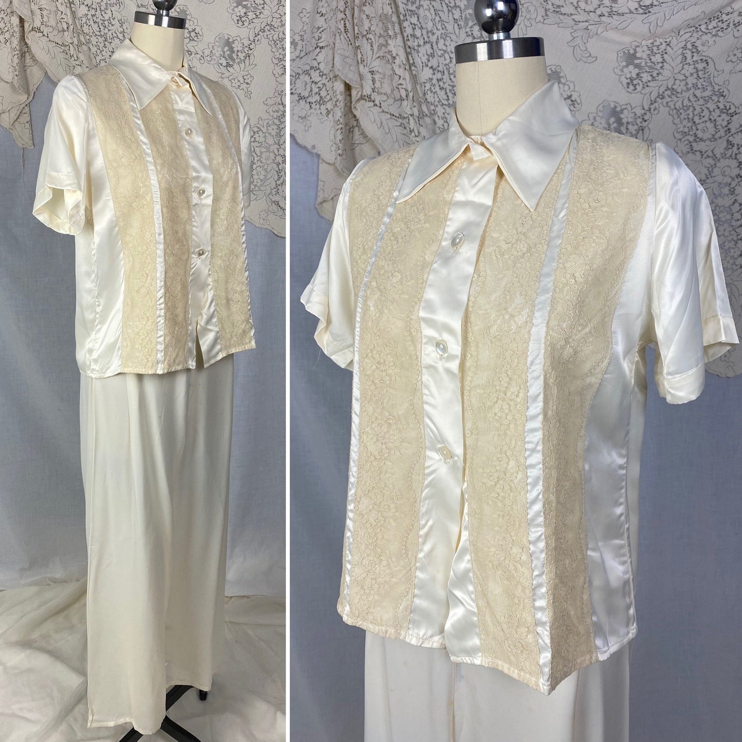 Vintage 1950's Pajama Set | Warm Ivory Rayon Satin with Nude Lace & Shell Buttons | Size S | Mary Jane -Never Worn - Daggers & Dames