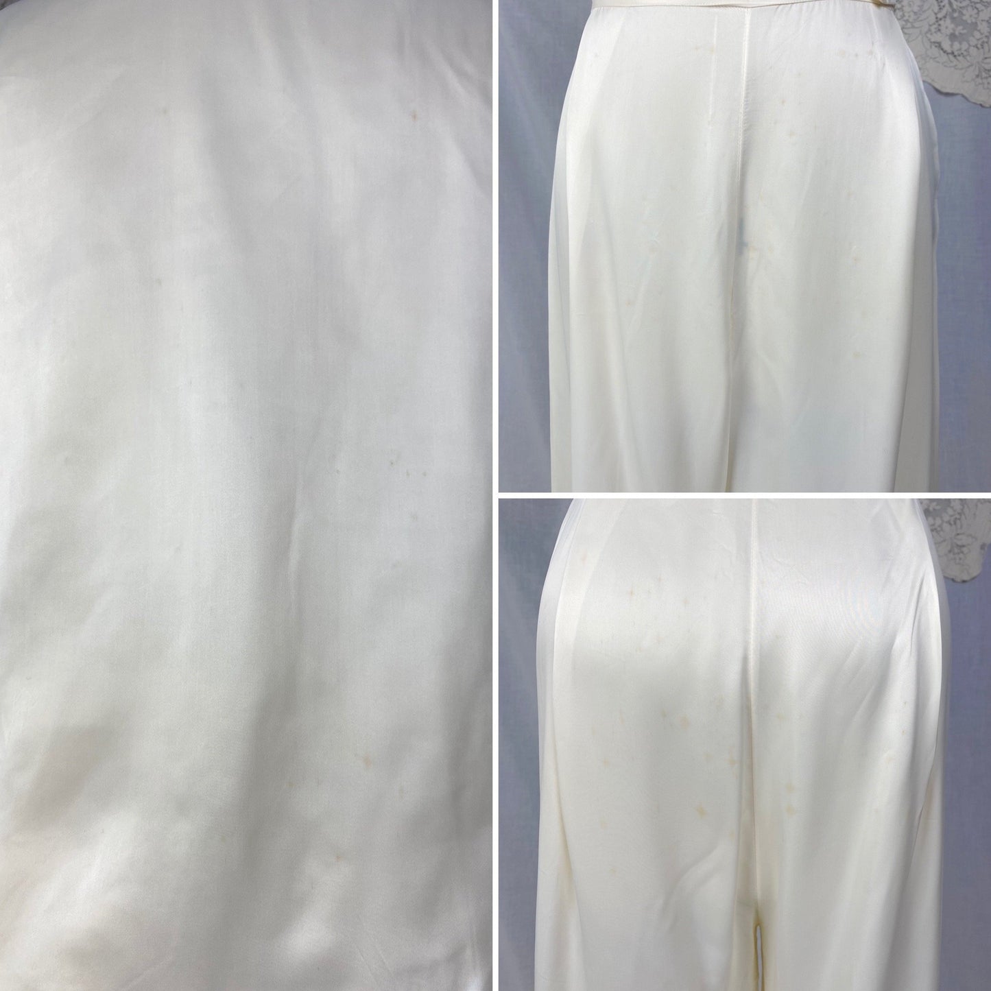Vintage 1950's Pajama Set | Warm Ivory Rayon Satin with Nude Lace & Shell Buttons | Size S | Mary Jane -Never Worn - Daggers & Dames