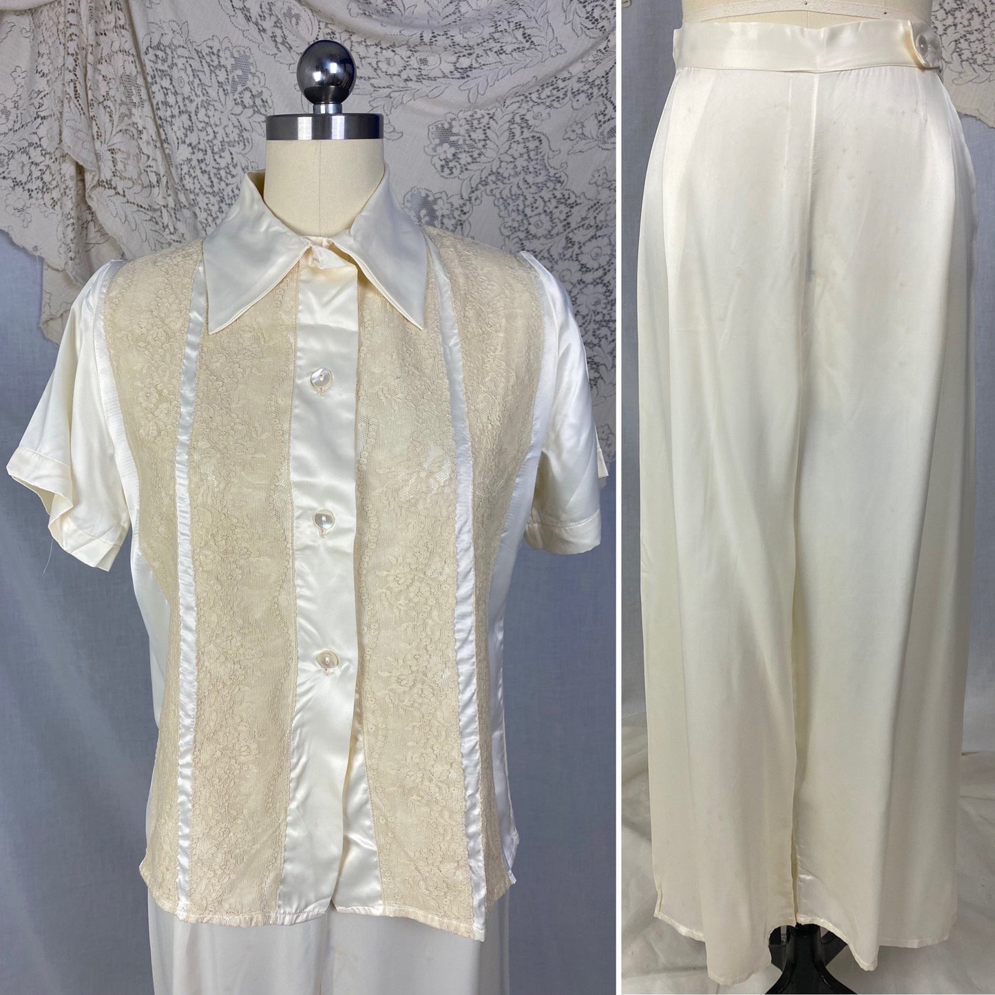 Vintage 1950's Pajama Set | Warm Ivory Rayon Satin with Nude Lace & Shell Buttons | Size S | Mary Jane -Never Worn - Daggers & Dames