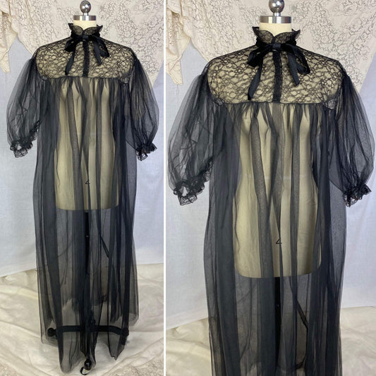 Vintage 1950's Peignoir | Black Tulle with Chantilly Lace & Puffed Sleeves | Size Free | Eye-Ful by Flaums - Daggers & Dames