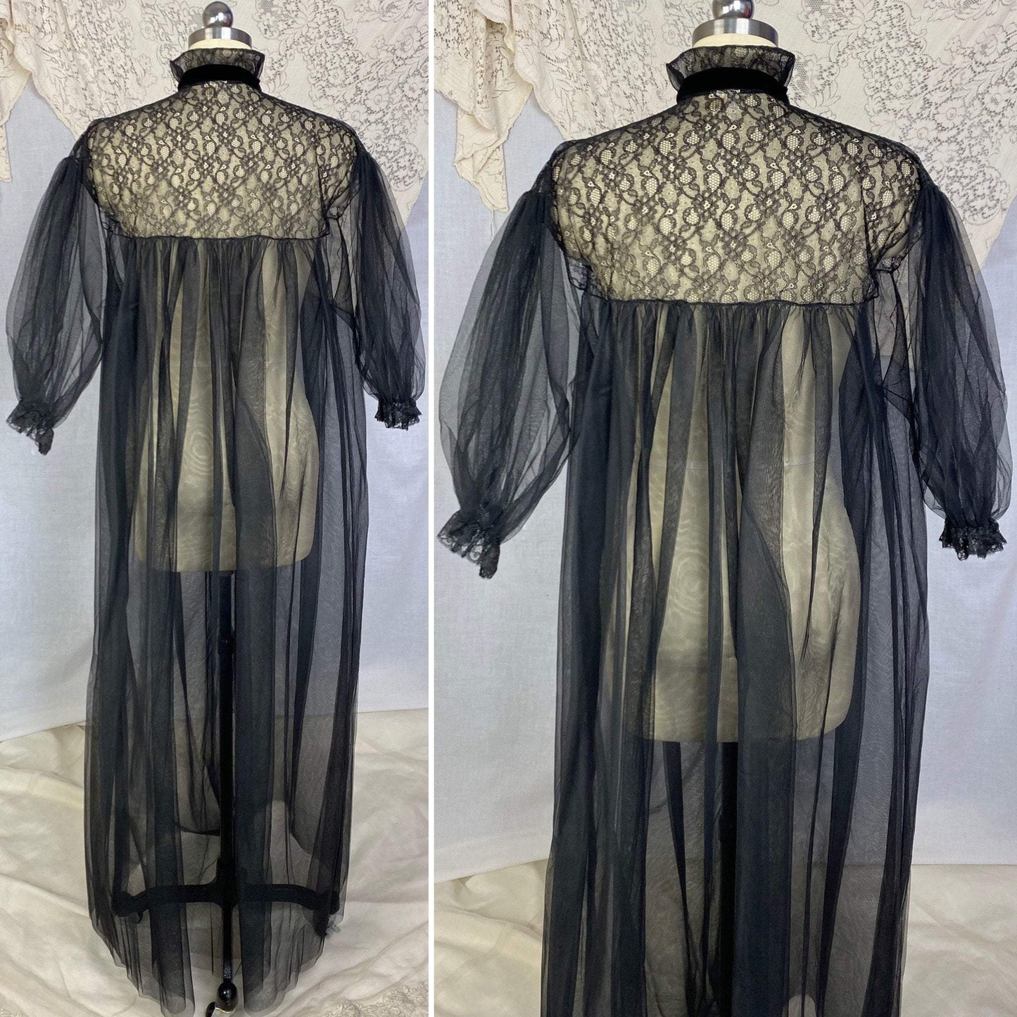 Vintage 1950's Peignoir | Black Tulle with Chantilly Lace & Puffed Sleeves | Size Free | Eye-Ful by Flaums - Daggers & Dames