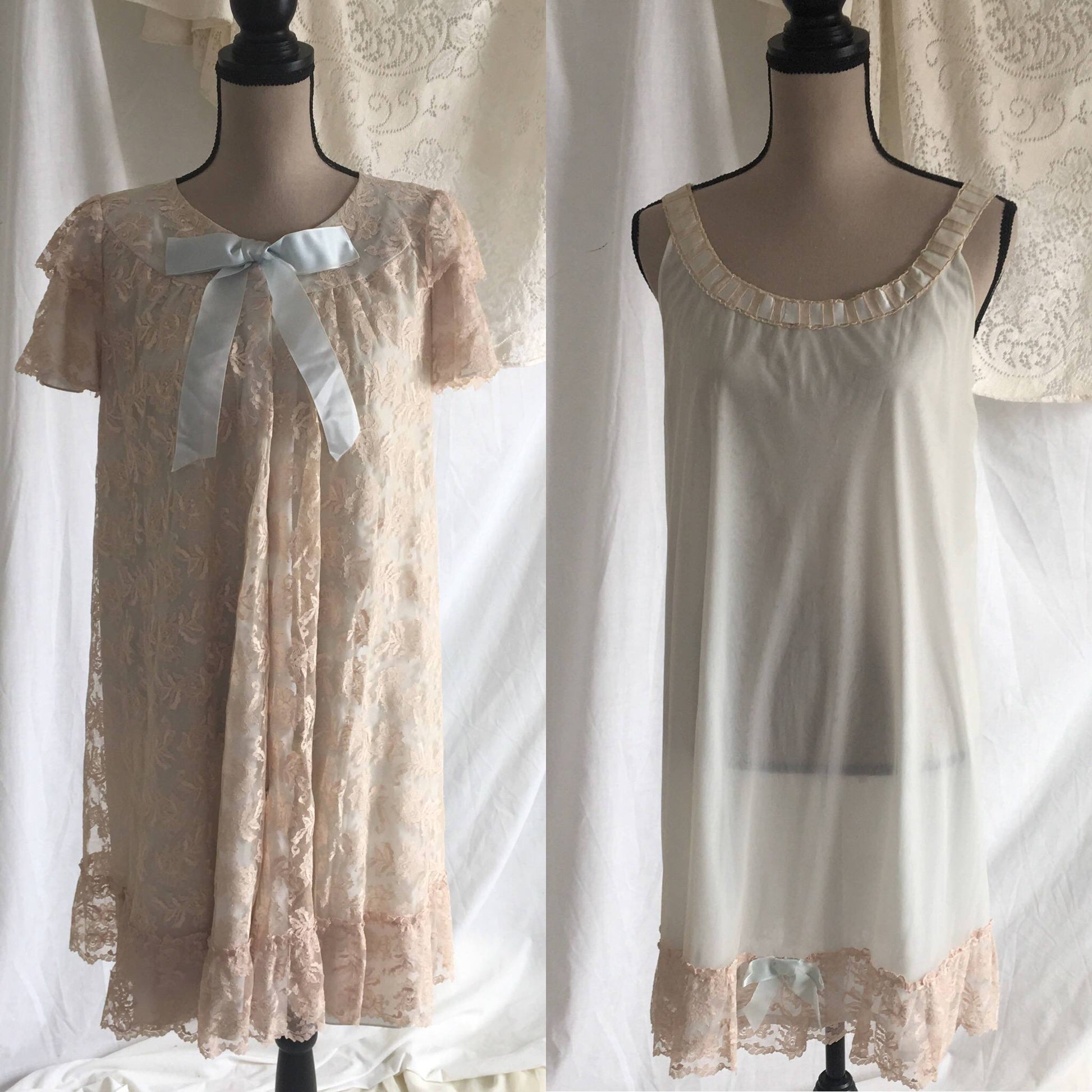 Vintage 1950's Peignoir Set | Ecru Lace & Light Blue Nylon Chiffon with Satin Ribbons | Bridal Lingerie | Odette Barsa | Size M - LG - Daggers & Dames