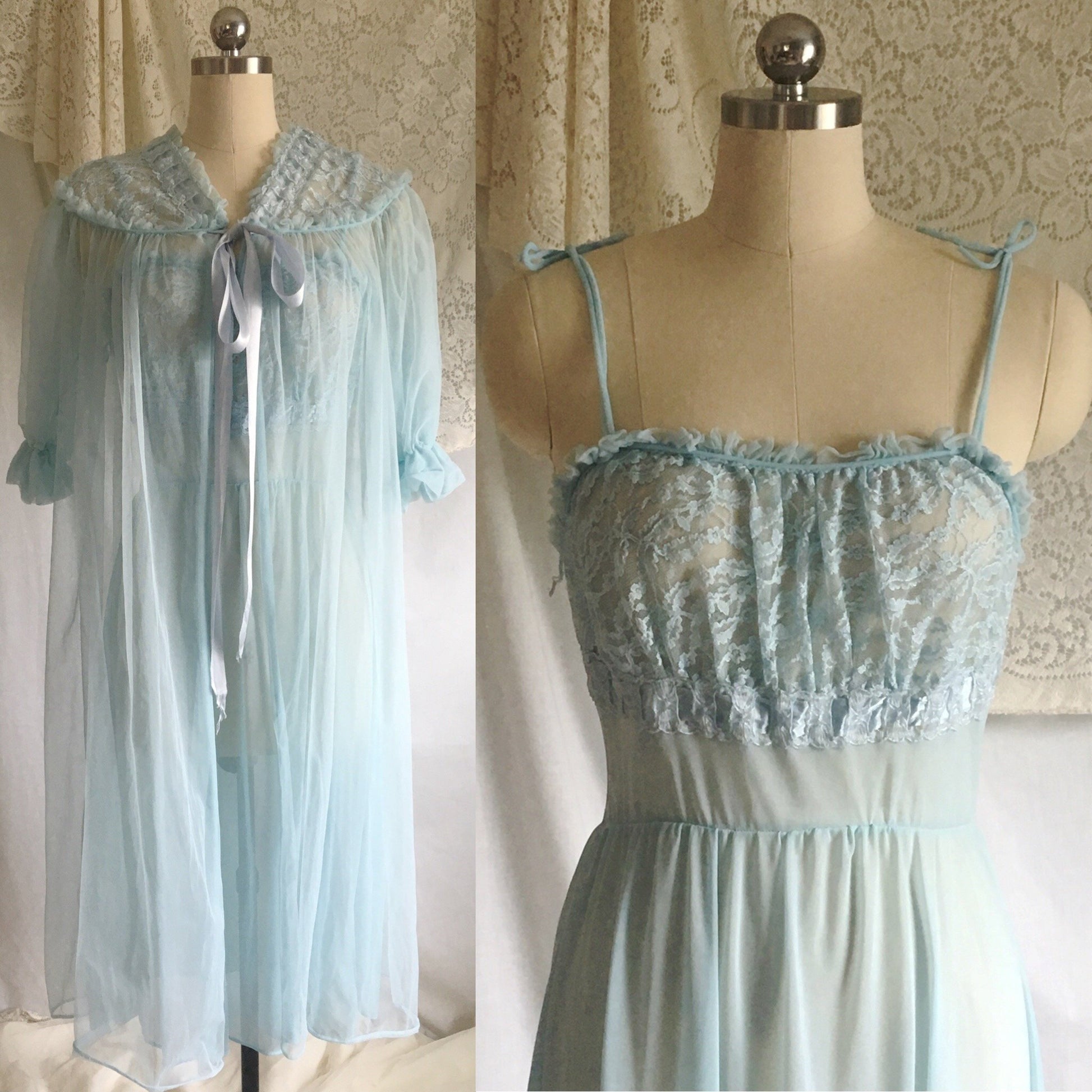 Vintage 1950's Peignoir Set | Light Baby Blue Sheer Nylon Chiffon with Lace | GMc | Size S, M - Daggers & Dames